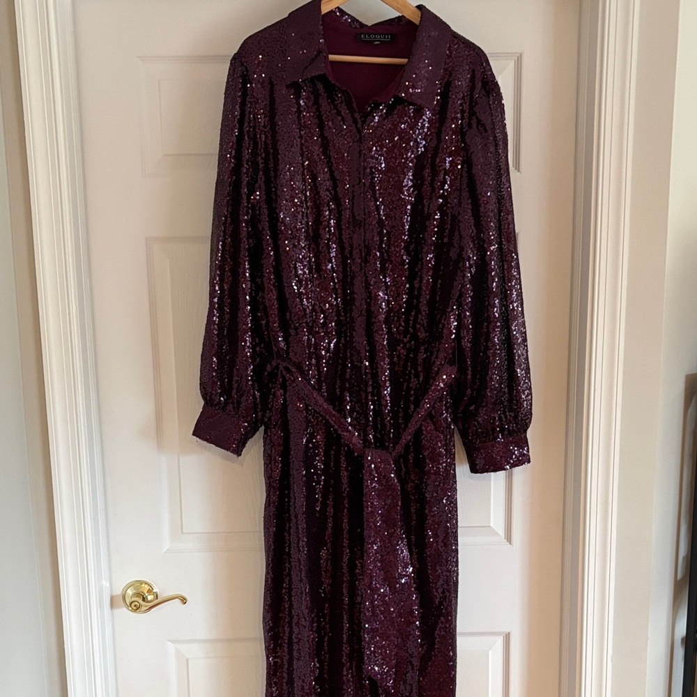 Eloquii Sparkling Long Sleeve Sequined Jumpsuit in Deep Burgundy - Picture 4 of 10